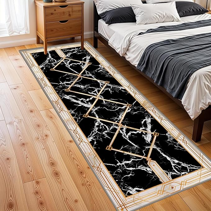 Abstract Marble Texture Throw Carpet Runner for Entrance, 2x7ft, Luxury Gold Geometric Line Bedroom Rug, Dirty Resistant Absorbent Bathroom Decor Washable Area Carpet for Office