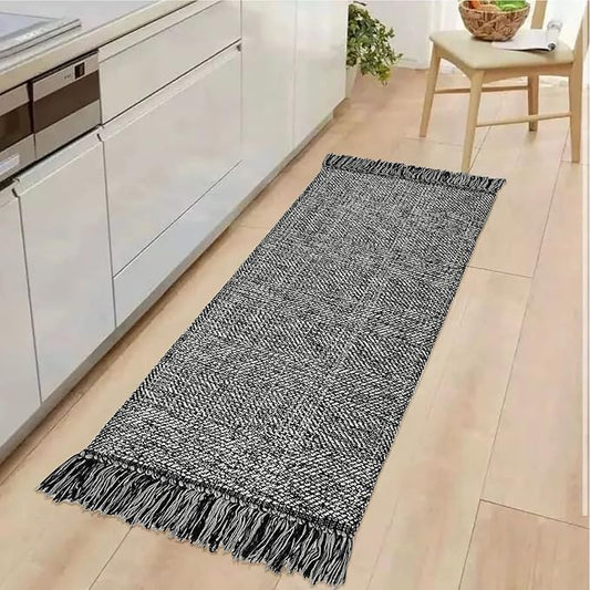 Collive Kitchen Runner Rug, 2' x 4.3' Cotton Hand-Woven Reversible Washable Rug, Black Bathroom Rugs Modern Farmhouse Hallway Carpet for Foyer Bedroom Entry Back Door Decor