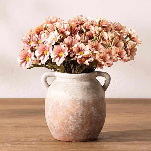 Ceramic Flower Small Vase 6 inch Farmhouse Rustic Vase Decorative Pottery Terracotta Vases for Home Decor Table Mantle Fireplace Living Room Bathroom Wedding Centerpiece