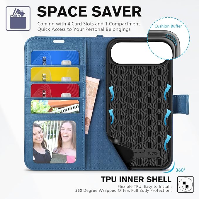 TUCCH Wallet Case for iPhone Air (6.5-Inch) 2025, Wrist Strap | RFID Blocking 4 Card Holders | Stand | Shockproof TPU Shell | PU Leather | Magnetic | Protective Flip Cover | Light Blue