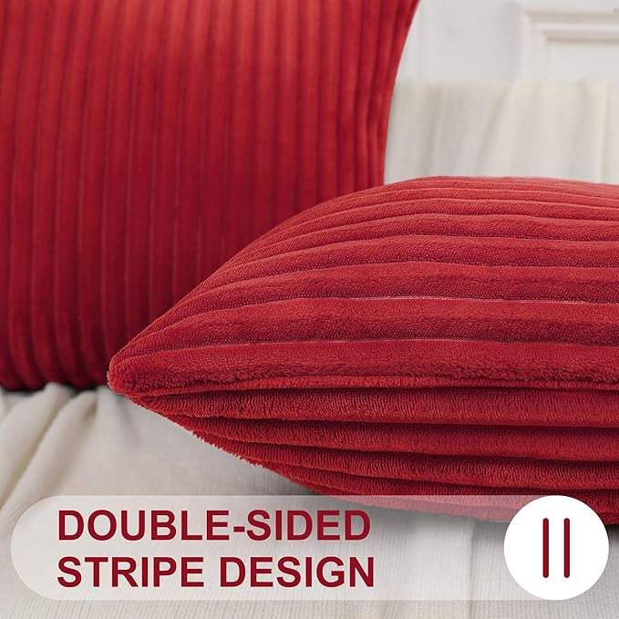 Simmore Decorative Throw Pillow Covers 18x18 Set of 2, Soft Natural Plush Flannel Double-Sided Fluffy Couch Pillow Covers for Sofa Living Room, Red