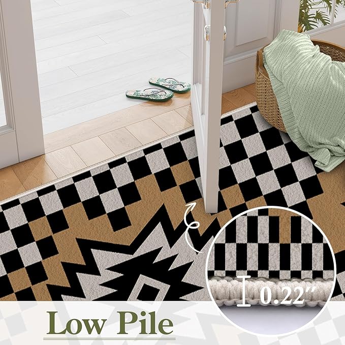 Western Aztec Long Hallway Rug Runners, 2.6x10ft, Modern Brown Diamond Check Area Carpet for Living Room, Easy Clean Fade Resistant Durable Foldable Pet Friendly Rugs for Front Door