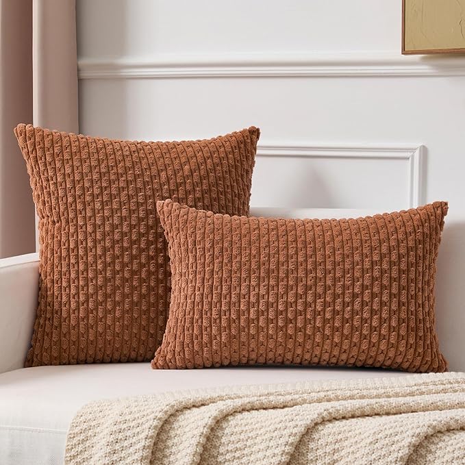 Kevin Textile Decorative Pillow Covers Set of 2 Striped Plush Corduroy Pillows Pillowcases Boho Home Decor Cushion Covers for Couch Sofa Bed Living Room 24x24 Inch, Burnt Orange