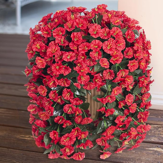 Artificial Fake Hanging Flowers Plants for Outdoor Outside Winter Christmas Decoration, 2PCS Faux Silk UV Resistant Look Real Red Morning Glory Trailing Vines for Home Wedding Party Garden Patio Porch