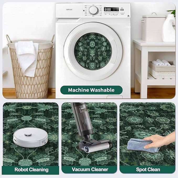 Tangsoo Green Washable Entry Rug, 2x3 Small Area Throw Rugs for Entryway Non Slip, Distressed Vintage Floral Thin Rug for Kitchen Bedroom, Low Pile Floor Carpet Front Door Mat for Entrance Foyer Decor