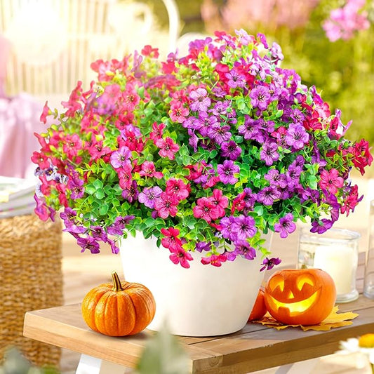 QUNPON Artificial Flowers for Outdoors,Faux Flowers Daisy with Eucalyptus Leaves for Indoor Garden Home Decoration,UV Resistant Artificial Flower Fake Plants for Porch Patio, 12 Bundles (Purple Pink)