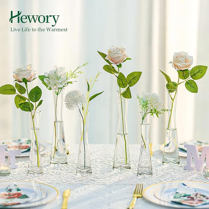 Hewory Glass Bud Vases for Centerpieces Set of 18, Handmade Modern Clear Small Skinny Decorative Single Flower Vase, Minimalist Slim Floral Vase for Home Wedding Party Events Table Decor, 9.64"