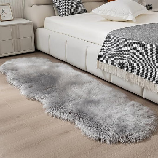 Faux Fur Rug Runner 2x6 ft Gery - Machine Washable Super Soft Plush Shaggy Fluffy Area Carpet,Sheepskin Rug Fuzzy Floor Mat for Bedroom, Sofa,Living Room, Bedside, Nursery & Kids Room