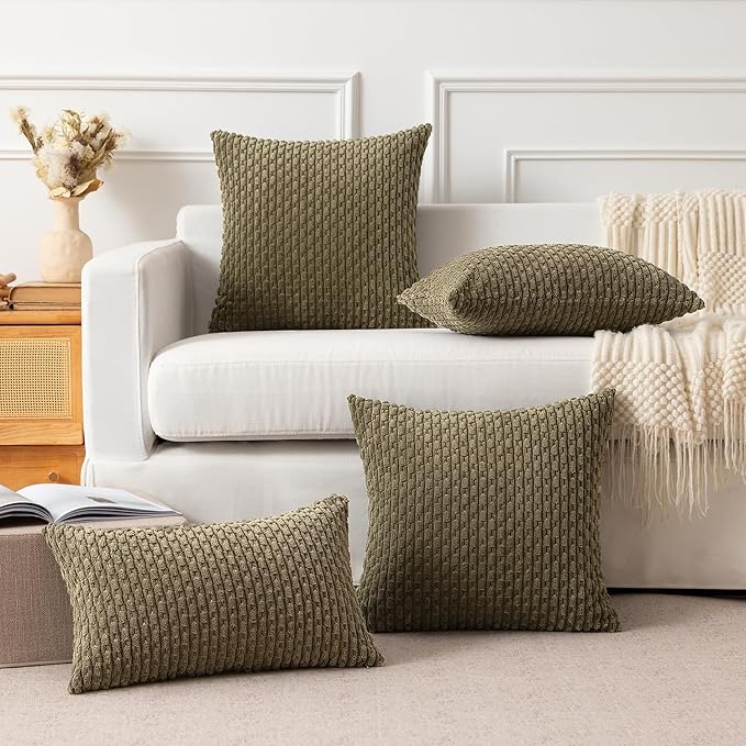 Kevin Textile Pack of 2 Corduroy Decorative Throw Pillow Covers 18x18 Inch Soft Boho Striped Pillow Covers Modern Farmhouse Home Decor for Sofa Living Room Couch Bed Olive Green