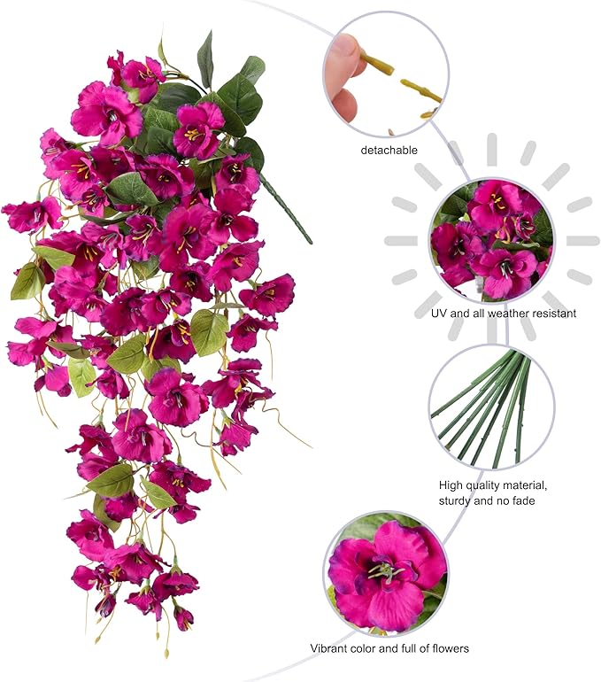 Fake Hibiscus Artificial Hanging Flowers Plants for Outdoors Spring Decoration, 4pcs Silk Hibiscus Vines Realistic UV Resistant Faux Flowers for Outside Planter Porch Patio Yard Wedding Party, Fuchsia