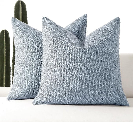 Boucle Decorative Throw Pillow Covers for Couch Set of 2, 16x16 inches, Light Blue