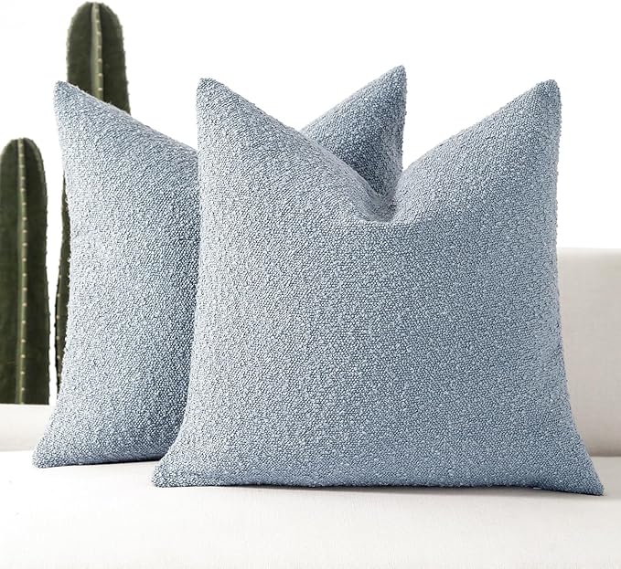 Boucle Decorative Throw Pillow Covers for Couch Set of 2, 26x26 inches, Light Blue