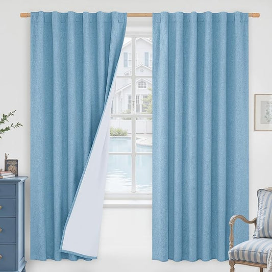 LAMIT 100% Blackout Linen Curtains, 72 Inches Linen Textured Thermal Bedroom Curtains Back Tab and Rod Pocket Neutral Panels with White Liner for Boys' Room, 2 Panels, 52 x 72 Inch, Blue