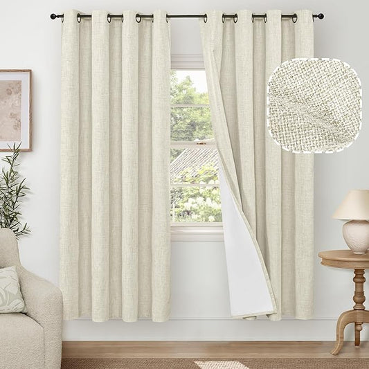Lajode Blackout Living Room Curtains 72 Inch Long 2 Panels, Textured Linen Black-Out Curtains for Bedroom Light Blocking, Bronze Grommet Thermal Insulated Window Drapery, Each 52" Wide, Natural