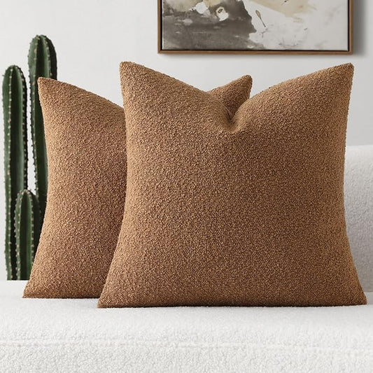 FUTEI Pack of 2 Tobacco Decorative Throw Pillow Covers 24x24 Inch Soft Cozy Solid Boucle Textured European Cushion Case,Modern Home Decor for Couch Bed Living Room