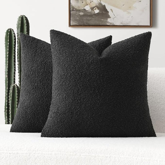 FUTEI Pack of 2 Black Decorative Throw Pillow Covers 24x24 Inch Soft Cozy Solid Boucle Textured European Cushion Case,Modern Home Decor for Couch Bed Living Room