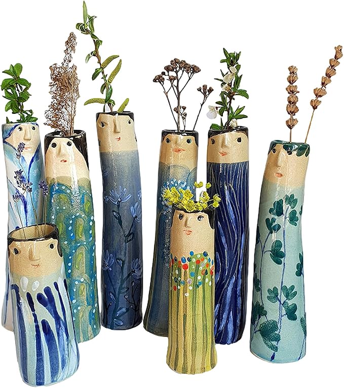Spring Bud Vases, Bohemian Family Face Vase Boho Cute Home Decor, Character Vase Flower Plant Holder Bathroom Shelf Decor for House Decor Living Room Wedding Centerpieces (H)