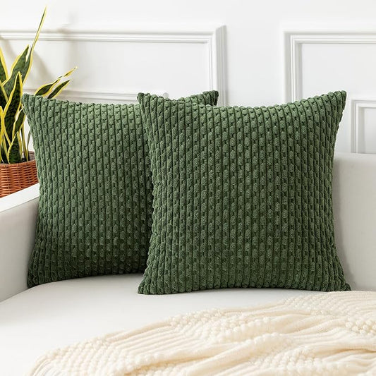 Kevin Textile Throw Pillow Covers Soft Corduroy Decorative Set of 2 Boho Striped Pillow Covers Pillowcases Farmhouse Home Decor for Couch Bed Sofa Living Room 26x26 Inch Moss Green