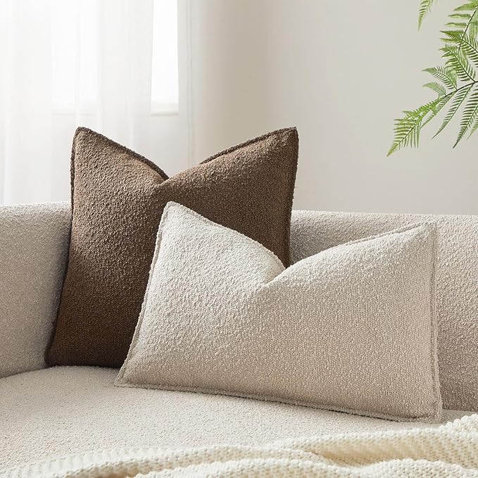 JUSPURBET Pillow Covers Set of 2 Decorative Throw Pillow Covers Case for Couch Sofa Bed Soft Boucle Textured Lumbar Cushion Covers with Hidden Zipper for Home Decor Living Room 16x24,Beige