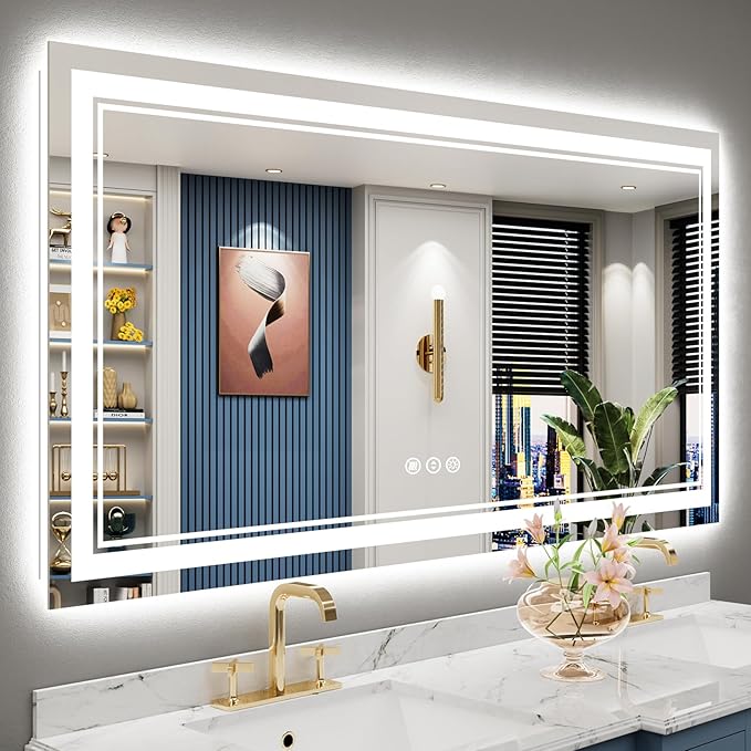 60x28 Inch LED Bathroom Mirror with Lights, Backlit & Front Lit, Anti-Fog Lighted Vanity Mirrors for Bathroom Wall, Dimmable, 3-Color Light, Memory, Shatter-Proof, Tempered Glass, ETL Listed