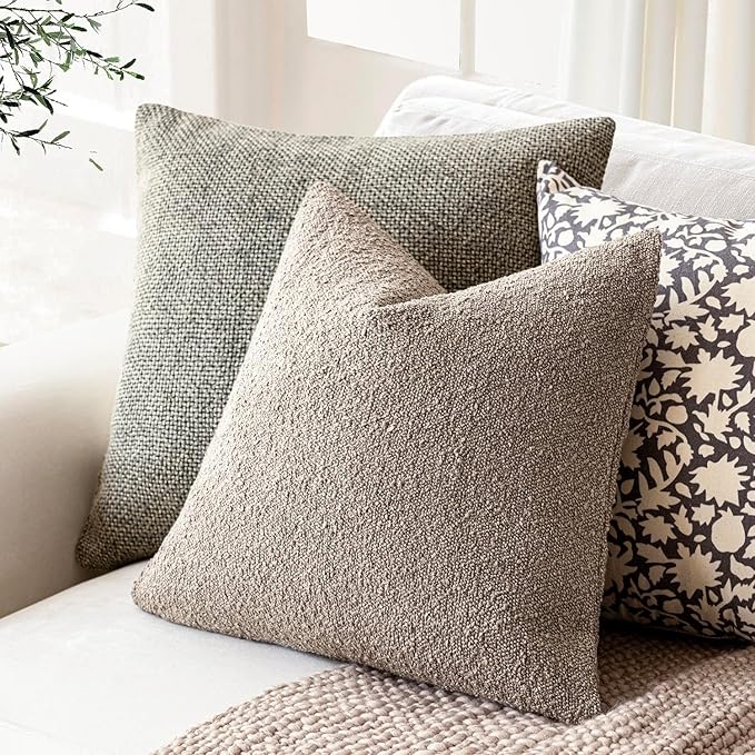 Foindtower Decorative Textured Boucle Throw Pillow Covers Accent Solid Pillow Cases Neutral Soft Cozy Couch Cushion Case for Chair Sofa Bedroom Living Room Home Decor 26×26 Inch,1PC,Light Taupe