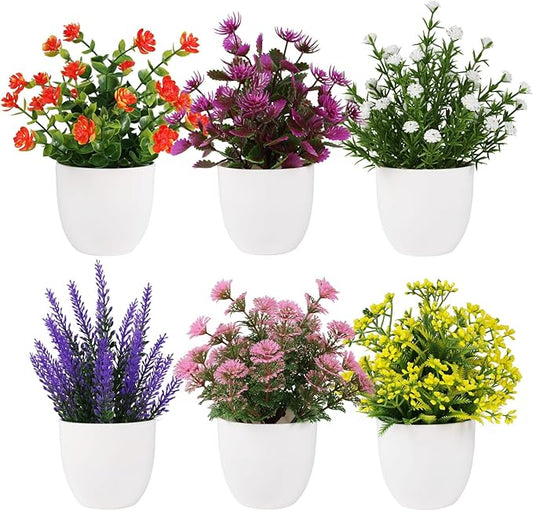 Artificial Small Plant 6pcs Fake Flower Potted Plant Bathroom Faux Plant for Indoor Decor Window Tabletop Office Colorful Flower