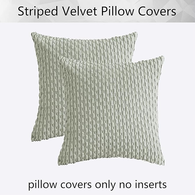 Kevin Textile Pack of 2 Corduroy Decorative Throw Pillow Covers 16x16 Inch Spring Soft Boho Striped Pillow Covers Modern Farmhouse Home Decor for Spring Sofa Living Room Couch Bed Light Green