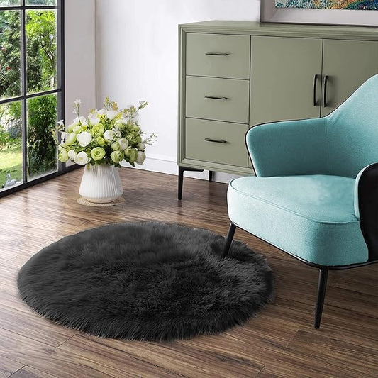 Latepis Black Round Rug 3ft Small Circle Rugs for Bedroom Faux Fur Fluffy Sheepskin Rug Furry Rugs for Living Room Home Décor