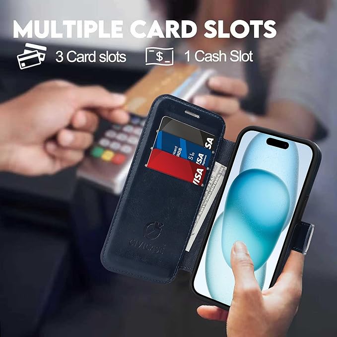 CIVICASE for iPhone 15 Pro Wallet Case with Stand,PU Leather Flip Credit Card Holder Slots (RFID Blocking),Compatible with Magsafe Magnetic Holder Phone Cover Women Men,Blue