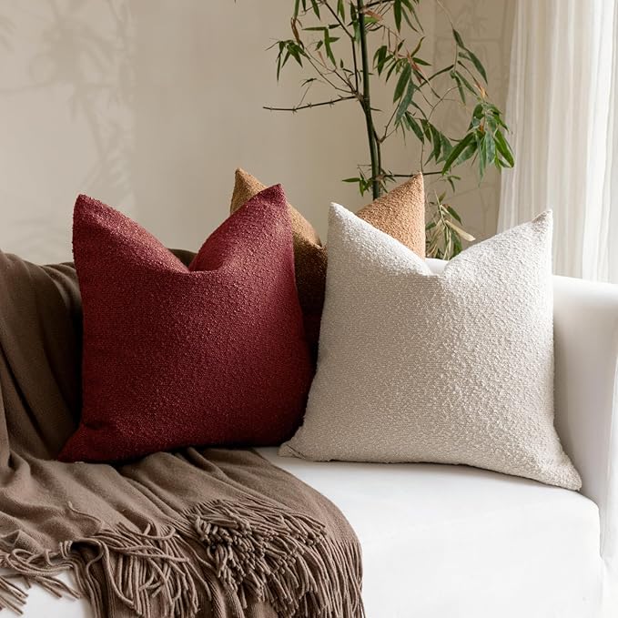 Boucle Decorative Throw Pillow Covers for Couch Set of 2, 20x20 inches, Burgundy