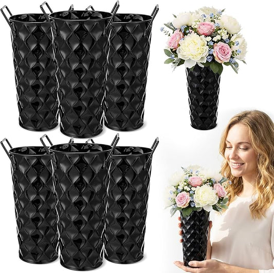 6 Pcs Black Metal Flower Vases 9 Inch Galvanized Flower Bucket Spring Farmhouse French Bucket with Handles, Floral Vases for Centerpiece Bar Wedding Bouquet Table Decoration Supplies