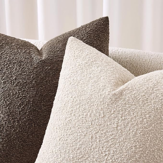 ANRODUO Pack of 2 Textured Boucle Throw Pillow Covers Soft Beige Euro Decorative Accent Solid Pillow Cases Cozy Modern Couch Cushion Case for Chair Sofa Bedroom Living Room Home Decor, 26 x 26 Inch