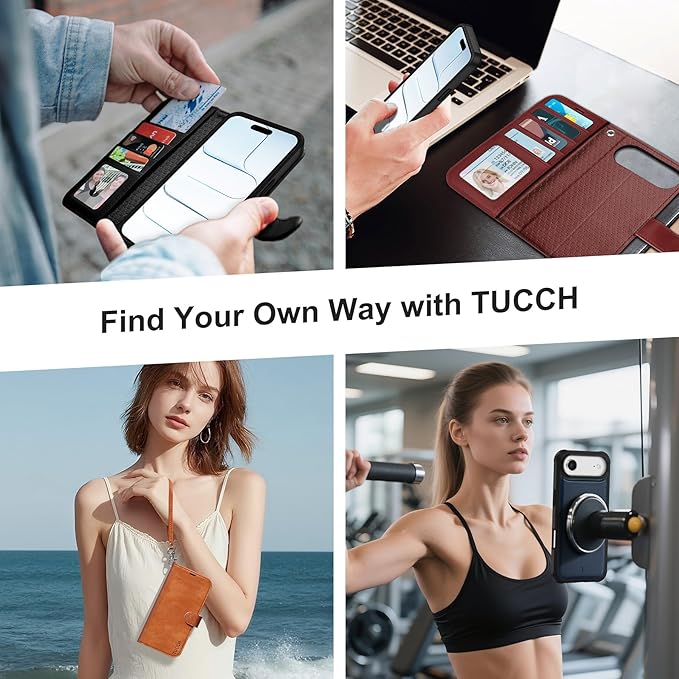 TUCCH 2-in-1 Detachable Wallet Case for iPhone Air (6.5-inch) 2025, Wireless Charging | RFID Blocking 4 Card Holders | Wrist Strap | Kickstand | Magnetic | PU Leather Folio Cover | Chocolate Brown