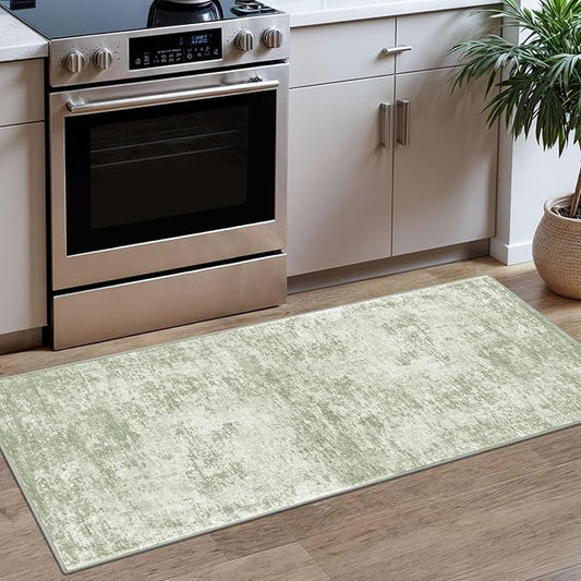 Modern Abstract Runner Rug 2x5, Sage Green Grey Washable Kitchen Runner Entryway Rug Mat Non-Slip Soft Hallway Rug Runner Thin Print Faux Wool Carpet for Bedroom Laundry Room Indoor