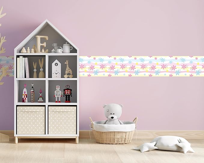 FLFK Wallpaper Border, Rainbow Flowers Peel and Stick Wall Border Self Adhesive Wall Paper Borders for Bedroom Living Room Girl's Room Kitchen Bathroom 9"x240"