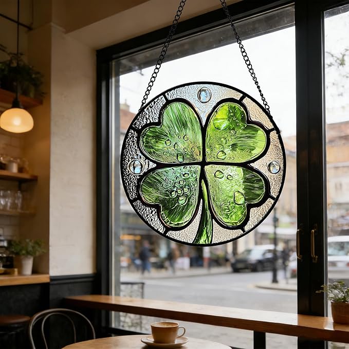 Stained Glass Window Hanging, Green Silver 4 Leaf Clover Sun Catcher for Window Door Home Decor Plant Suncatcher Christmas Mother's Day Birthday Gifts for Women Men Mom Nana 7.8 in