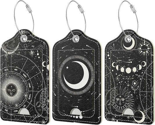 Rimilak 3 Pcs PU Leather Luggage Tags for Suitcase, Travel Cruise Luggage Tag with Privacy Flap, Name ID Label and Metal Loop for Women Men Baggage Handbag School Bag Backpack, Sun Moon