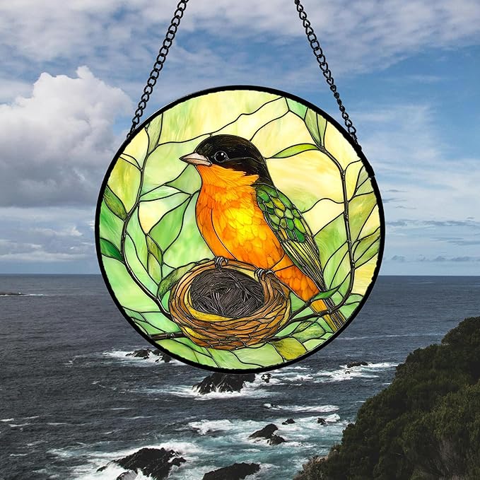 DASTOLL Stained Glass Window Hanging 4 Pcs Set Bird Theme On Branch Large 15" - Cardinal Suncatcher Door Garden Sun Catcher Decor Birthday Christmas for Mom Woman Nana Men