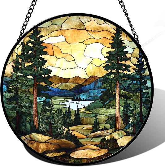 Stained Glass Window Hanging Forest Lake Mountain Sunset 7.8" - Suncatcher Door Garden Sunroom Sun Catcher Home Decor Birthday Christmas for Mom Men Woman Nana Friend