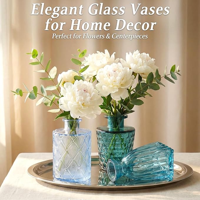 Set of 30 Blue Colored Glass Bud Vases - Small Textured Flower Vases for Centerpieces, Wedding Table Decor, Retro Home Decor Bulk Vase Set for DIY, Events & Gifts