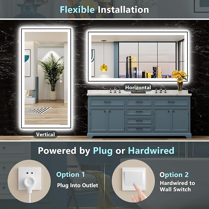 72x40 Inch Black Framed LED Bathroom Mirror with Lights, Backlit & Front Lit, Anti-Fog Lighted Vanity Mirrors for Bathroom Wall, Dimmable, 3-Color Light, Memory, Shatter-Proof, Tempered Glass