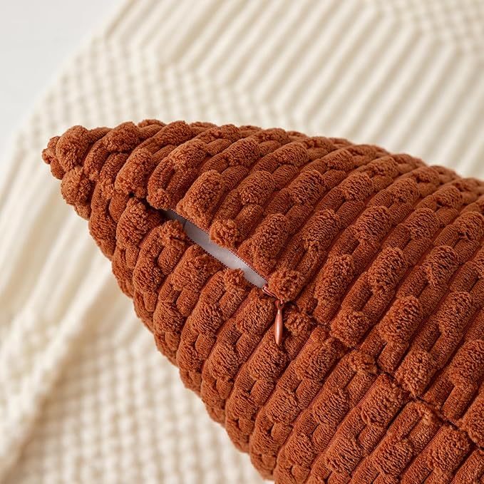 Kevin Textile Fall Throw Pillow Covers Soft Corduroy Decorative Set of 2 Boho Striped Pillow Covers Pillowcases Farmhouse Home Decor for Couch Bed Sofa Living Room 20x20 Inch Rust Brown