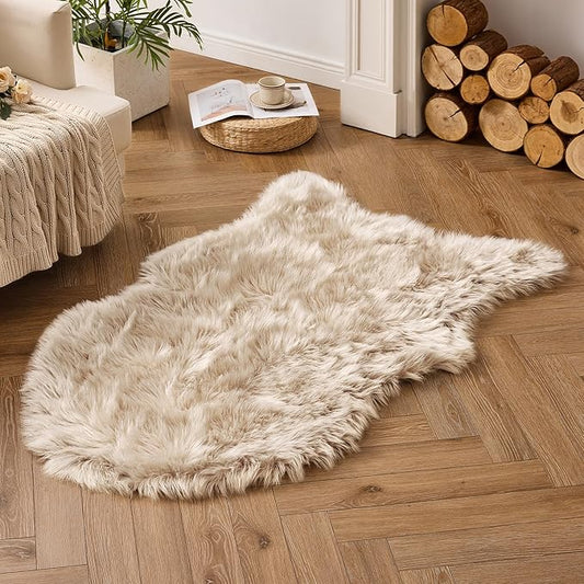 MIULEE Luxury Super Soft Fluffy Area Rug Faux Fur Plush Large Sheepskin Rug Decorative Shaggy Carpet for Bedside Sofa Floor Nursery 3 x 5 Feet, Beige