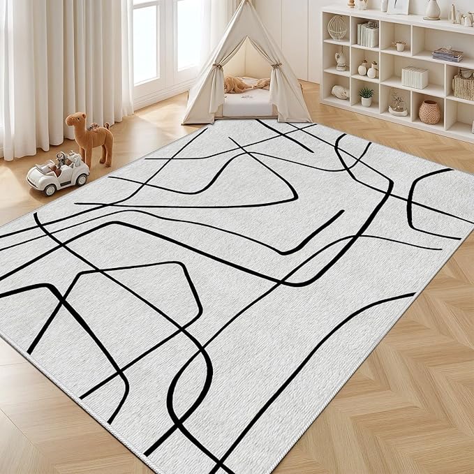 Black and White Rug - Abstract Area Rug, Black and White Rugs for Living Room, Modern Minimalist Washable Rugs, Contemporary Carpet Non Slip Home Decor, Curve 4x5