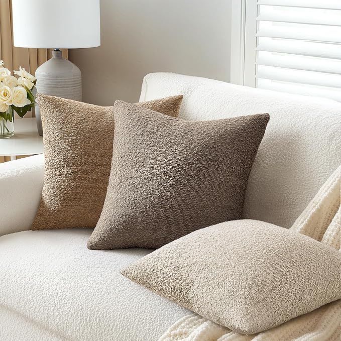 ANRODUO Pack of 2 Textured Boucle Throw Pillow Covers Soft Brown Decorative Accent Solid Pillow Cases Cozy Modern Couch Cushion Case for Chair Sofa Bedroom Living Room Home Decor, 20 x 20 Inch