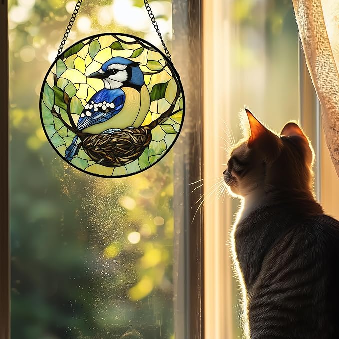DASTOLL Stained Glass Window Hanging 4 Pcs Set Bird Theme On Branch Large 15" - Cardinal Suncatcher Door Garden Sun Catcher Decor Birthday Christmas for Mom Woman Nana Men