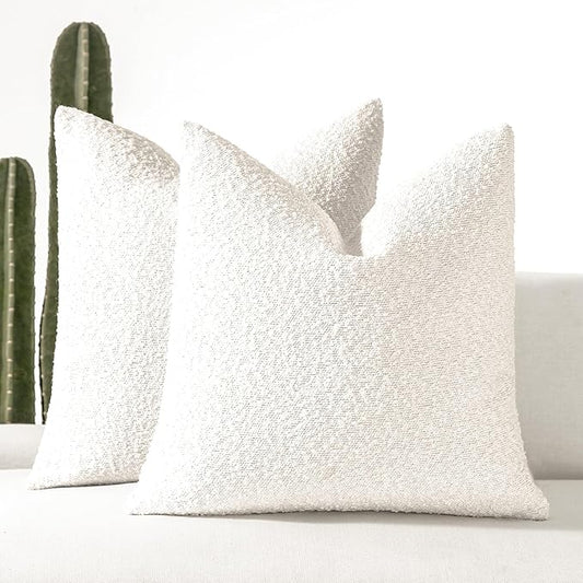 Boucle Decorative Throw Pillow Covers for Couch Set of 2, 16x16 inches, White