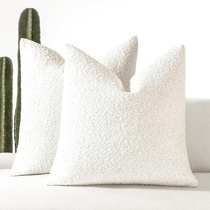 Boucle Decorative Throw Pillow Covers for Couch Set of 2, 24x24 inches, White