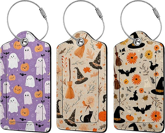 Halloween Ghost and Pumpkin 3 Pack Luggage Tags, PU Leather Luggage Tags for Suitcase,Name ID Labels with Privacy Cover Suitcases and Metal Loop for Travel Bag Suitcase