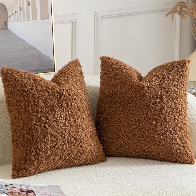 Yaertun Pack of 2 Faux Fur Throw Pillow Covers Decorative Sherpa Boucle Pillow Covers Fuzzy Soft Pillowcases Sheepskin Fleece Cushion Case for Couch Sofa Bed Living Room 18x18 Inch Brown
